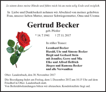 Traueranzeige von Gertrud Becker von Trauerportal Echo Online