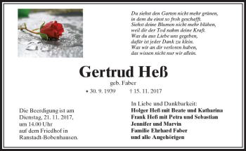 Traueranzeige von Gertrud Heß von  Kreisanzeiger