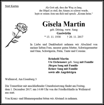 Traueranzeige von Gisela Martin von VRM Trauer