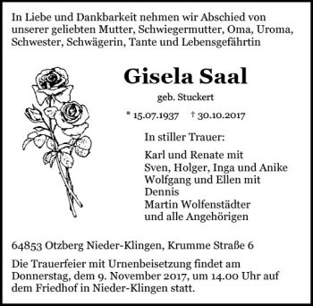Traueranzeige von Gisela Saal von Trauerportal Echo Online