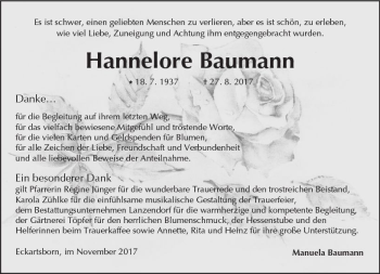 Traueranzeige von Hannelore Baumann von  Kreisanzeiger