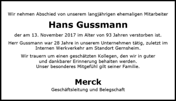 Traueranzeige von Hans Gussmann von Trauerportal Echo Online