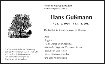 Traueranzeige von Hans Gußmann von Trauerportal Echo Online