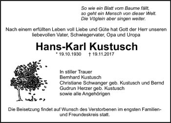 Traueranzeige von Hans-Karl Kustusch von Trauerportal Rhein Main Presse
