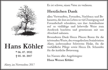 Traueranzeige von Hans Köhler von Trauerportal Rhein Main Presse