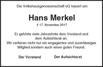 Traueranzeige von Hans Merkel von Trauerportal Echo Online