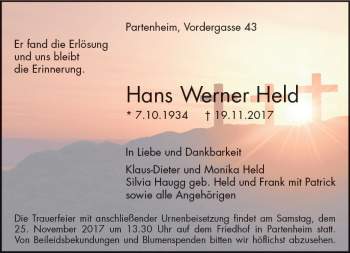 Traueranzeige von Hans Werner Held von Trauerportal Rhein Main Presse