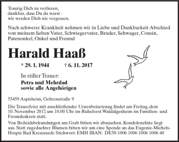 Traueranzeige von Harald Haaß von Trauerportal Rhein Main Presse