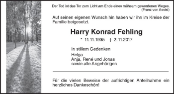 Traueranzeige von Harry Konrad Fehling von  Gießener Anzeiger