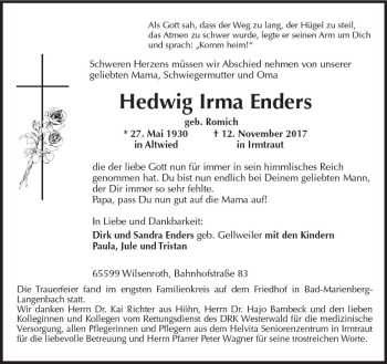 Traueranzeige von Hedwig Irma Enders von Trauerportal Rhein Main Presse