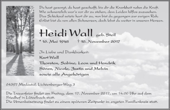 Traueranzeige von Heidi Wall von Trauerportal Echo Online