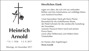 Traueranzeige von Heinrich Arnold von  Kreisanzeiger