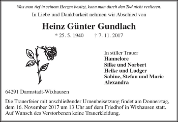Traueranzeige von Heinz Günter Gundlach von Trauerportal Echo Online
