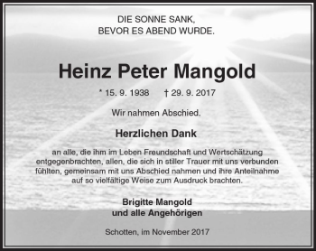 Traueranzeige von Heinz Peter Mangold von  Kreisanzeiger