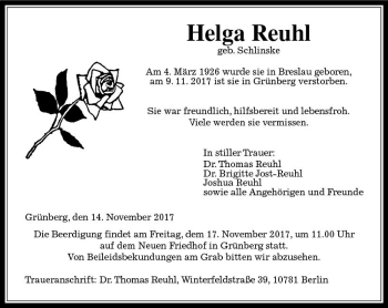 Traueranzeige von Helga Reuhl von  Gießener Anzeiger