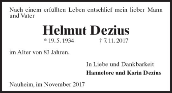 Traueranzeige von Helmut Dezius von Trauerportal Rhein Main Presse