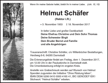 Traueranzeige von Helmut Schäfer von Trauerportal Echo Online