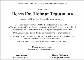 Traueranzeige von Helmut Trautmann von Trauerportal Echo Online