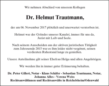 Traueranzeige von Helmut Trautmann von Trauerportal Echo Online