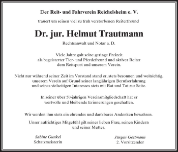 Traueranzeige von Helmut Trautmann von Trauerportal Echo Online