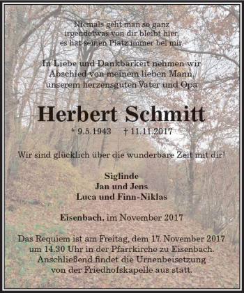 Traueranzeige von Herbert Schmitt von  Camberger Anzeiger