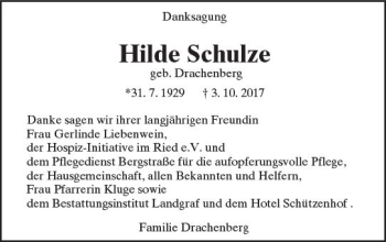 Traueranzeige von Hilde Schulze von Trauerportal Echo Online