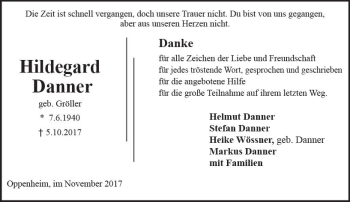 Traueranzeige von Hildegard Danner von Trauerportal Rhein Main Presse