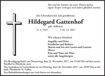 Traueranzeige von Hildegard Gattenhof von Trauerportal Rhein Main Presse