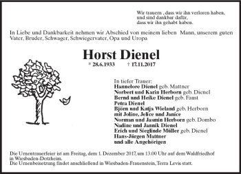 Traueranzeige von Horst Dienel von Trauerportal Rhein Main Presse