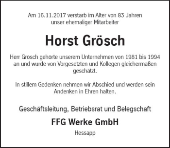 Traueranzeige von Horst Grösch von Trauerportal Rhein Main Presse