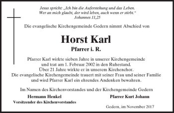 Traueranzeige von Horst Karl von  Kreisanzeiger