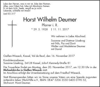 Traueranzeige von Horst Wilhelm Deumer von  Gießener Anzeiger