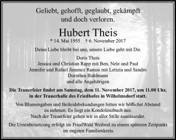 Traueranzeige von Hubert Theis von  Usinger Anzeiger