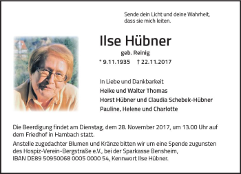 Traueranzeige von Ilse Hübner von Trauerportal Echo Online