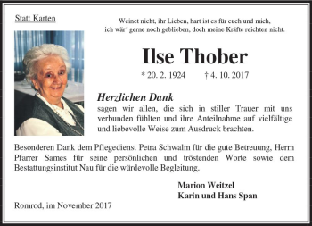 Traueranzeige von Ilse Thober von VRM Trauer
