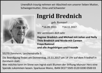 Traueranzeige von Ingrid Brednich von Trauerportal Rhein Main Presse Traueranzeige von Ingrid Brednich von Trauerportal Rhein Main Presse