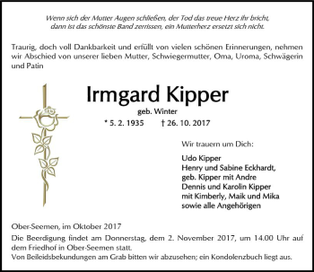 Traueranzeige von Irmgard Kipper von  Kreisanzeiger