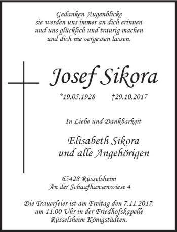 Traueranzeige von Josef Sikora von Trauerportal Rhein Main Presse