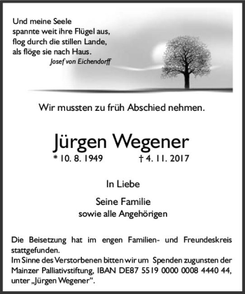 Traueranzeige von Jürgen Wegener von Trauerportal Rhein Main Presse