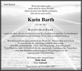 Traueranzeige von Karin Barth von VRM Trauer