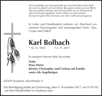 Traueranzeige von Karl Bolbach von Trauerportal Echo Online