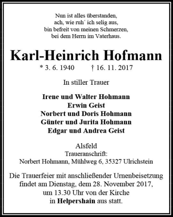Traueranzeige von Karl-Heinrich Hofmann von VRM Trauer