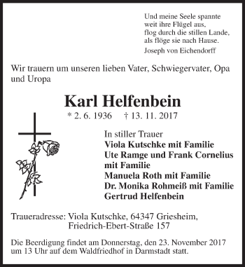 Traueranzeige von Karl Helfenbein von Trauerportal Echo Online