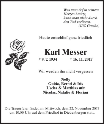 Traueranzeige von Karl Messer von Trauerportal Rhein Main Presse