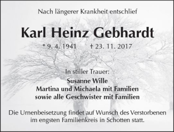 Traueranzeige von Karl Heinz Gebhardt von  Kreisanzeiger