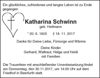 Traueranzeige von Katharina Schwinn von Trauerportal Echo Online