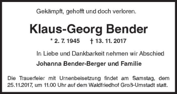 Traueranzeige von Klaus-Georg Bender von Trauerportal Echo Online