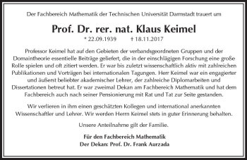 Traueranzeige von Klaus Keimel von Trauerportal Echo Online