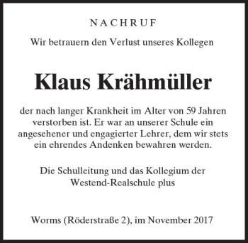 Traueranzeige von Klaus Krähmüller von Trauerportal Rhein Main Presse