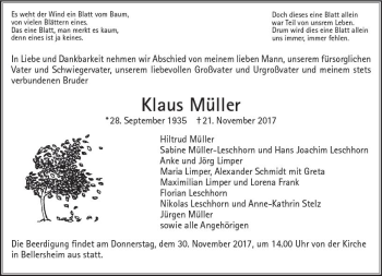 Traueranzeige von Klaus Müller von  Gießener Anzeiger